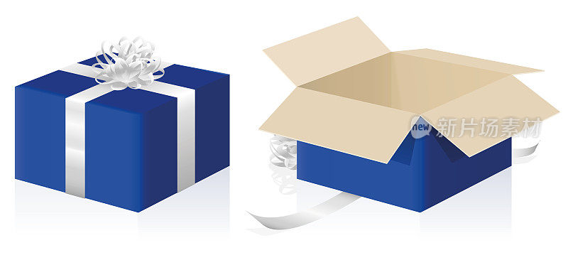 礼品包装，包装和打开蓝色包裹，关闭和打开的礼物纸箱- 3d孤立的矢量插图在白色的背景。